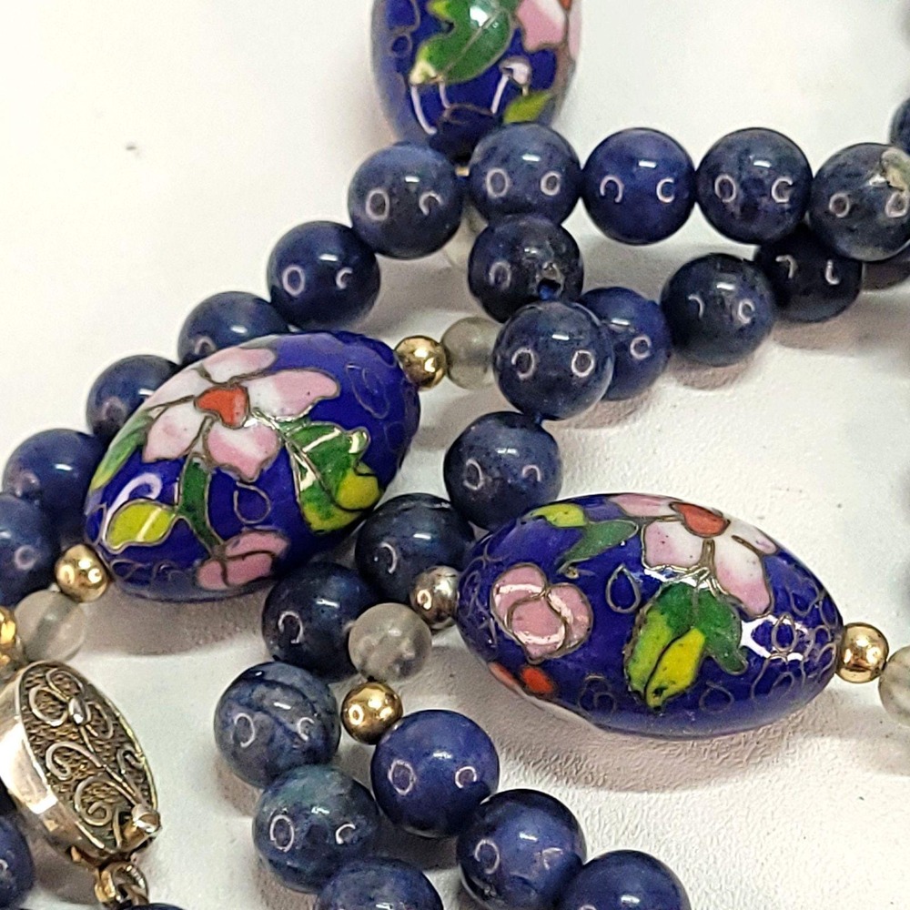 Lapis Lazuli Cloisonne Enamel Beaded Necklace 36" Vtg Silver Clasp Gemstone Eggs
